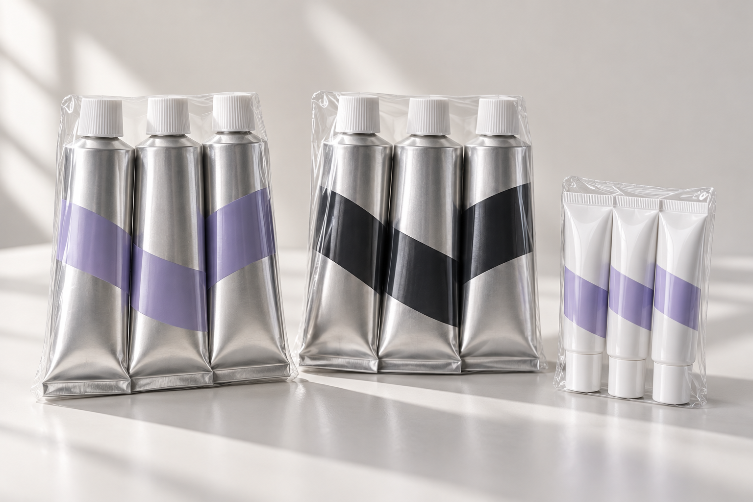 Concept di tubi cosmetici in alluminio e plastica, termoretratti in gruppi da tre