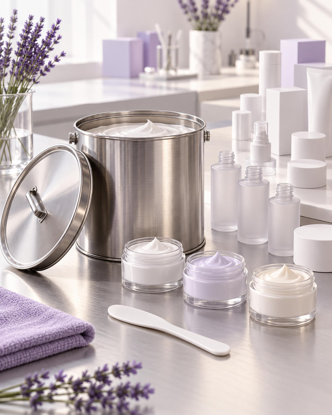 Illustrazione di bulk cosmetico, campioni e componenti preparati per la lavorazione
