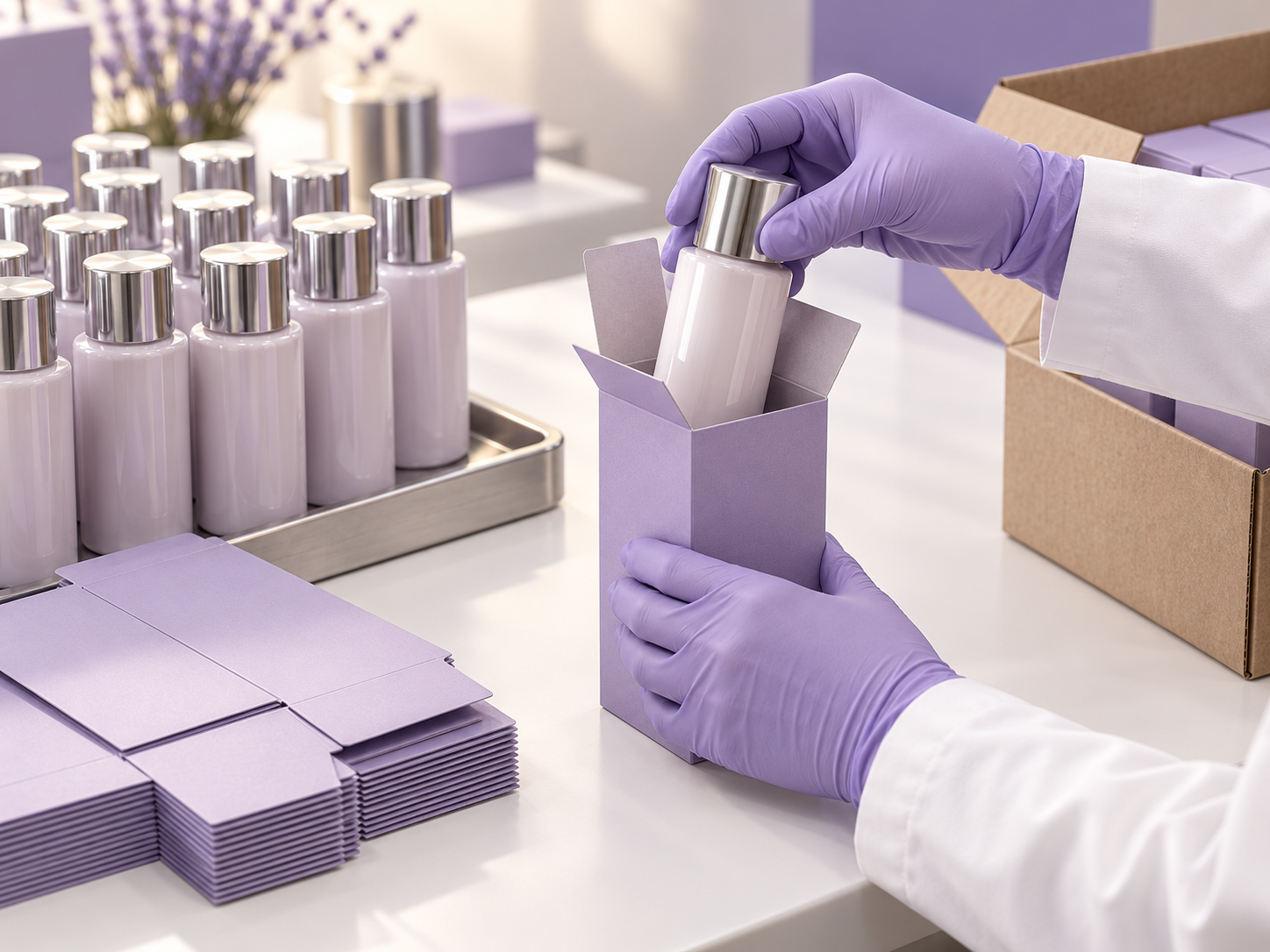 Inserimento manuale di un flacone cosmetico nel suo astuccio