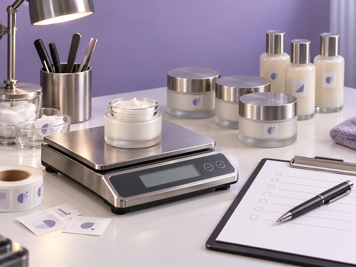 Bench scale, cosmetic samples and a batch inspection sheet