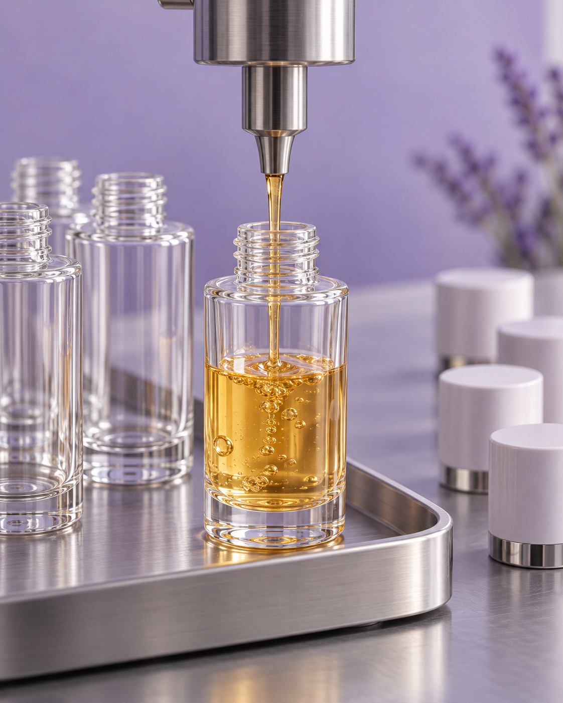 Illustration of cosmetic serum being dispensed into a glass bottle