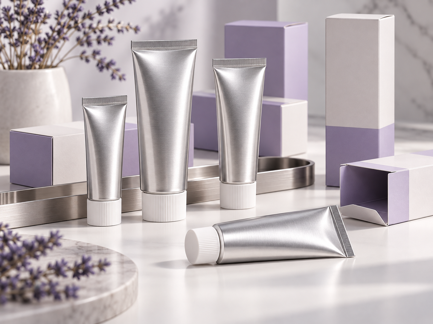 Illustration of aluminium cosmetic tubes with caps and cartons
